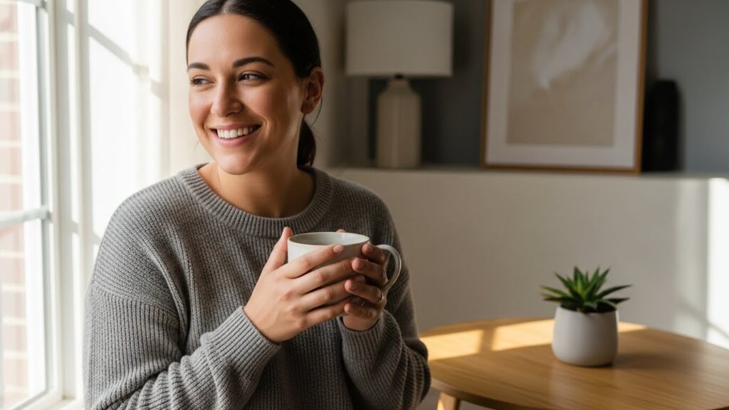Simple Self-Care Routines for Busy Days 27 Person smiling relaxed in a bright, minimalist environment, holding a cup of tea, soft natural light coming through the window. Style: lifestyle photography, neutral and warm colors, feeling of calm and balance. Format: horizontal, high resolution.