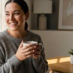 Person smiling relaxed in a bright, minimalist environment, holding a cup of tea, soft natural light coming through the window. Style: lifestyle photography, neutral and warm colors, feeling of calm and balance. Format: horizontal, high resolution.