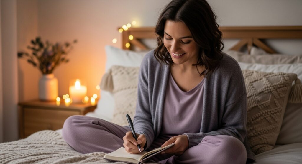 10 Powerful Daily Habits for Women's Self Care to Build a Balanced Life 3 Woman practicing evening gratitude journaling as part of womens self care routine