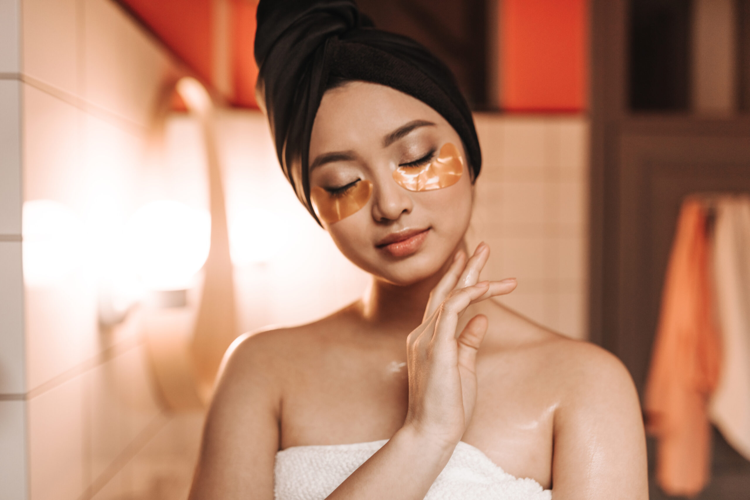 Skincare 7 pacified woman after shower towel poses with eye patches scaled